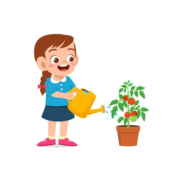 Bonitinho Menina Stand Árvore Tomate Molhando — Vetor de Stock