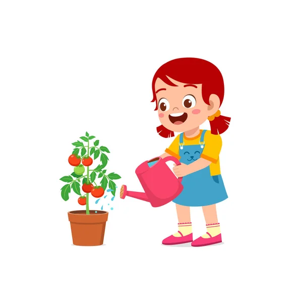 Bonitinho Menina Stand Árvore Tomate Molhando — Vetor de Stock
