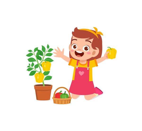 かわいい女の子が庭でパプリカを収穫 — ストックベクタ