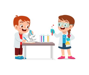 Küçük tatlı bir çocuk ve kız laboratuarda araştırma yapıyorlar.