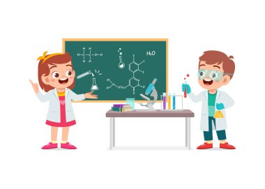 Küçük tatlı bir çocuk ve kız laboratuarda araştırma yapıyorlar.