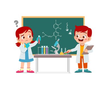 Küçük tatlı bir çocuk ve kız laboratuarda araştırma yapıyorlar.