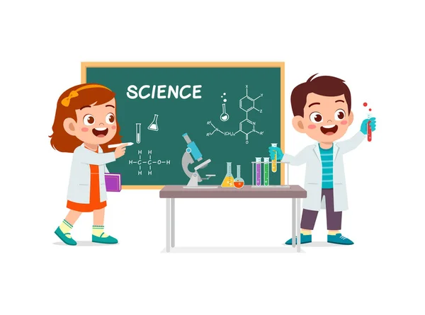 Cute Little Kid Boy Girl Research Lab — Stock Vector