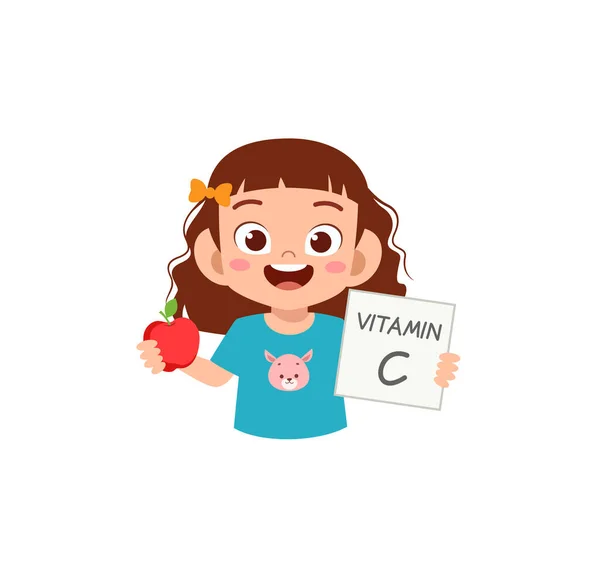 Χαριτωμένο Κοριτσάκι Κρατώντας Φρούτα Και Βιταμίνη Κάρτα — Διανυσματικό Αρχείο
