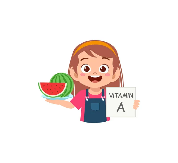 Menina Bonito Segurando Fruta Cartão Vitamina —  Vetores de Stock
