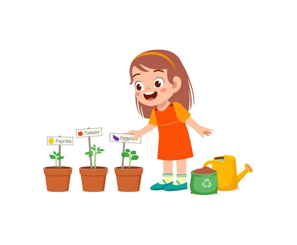 かわいい女の子は野菜の世話をする植物 — ストックベクタ