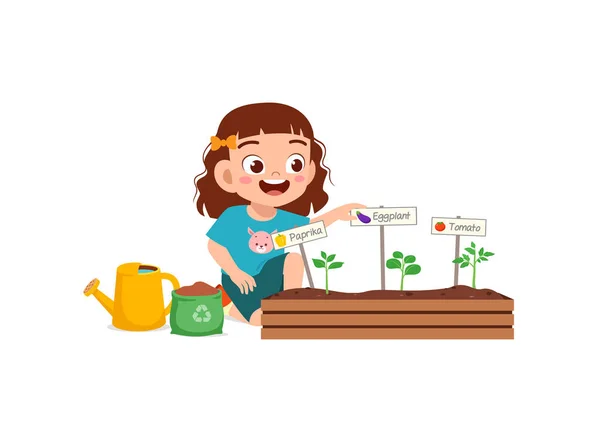 Cute Little Girl Dbać Roślinę Warzyw — Wektor stockowy