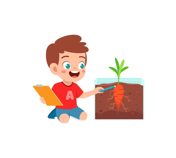 Kleiner Junge Beobachtet Pflanzen Beim Wachsen Garten — Stockvektor