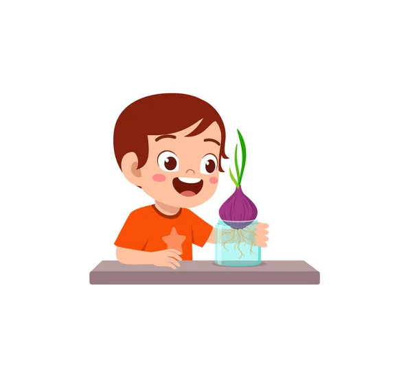 Pequeño Niño Observar Planta Creciendo Jardín — Vector de stock