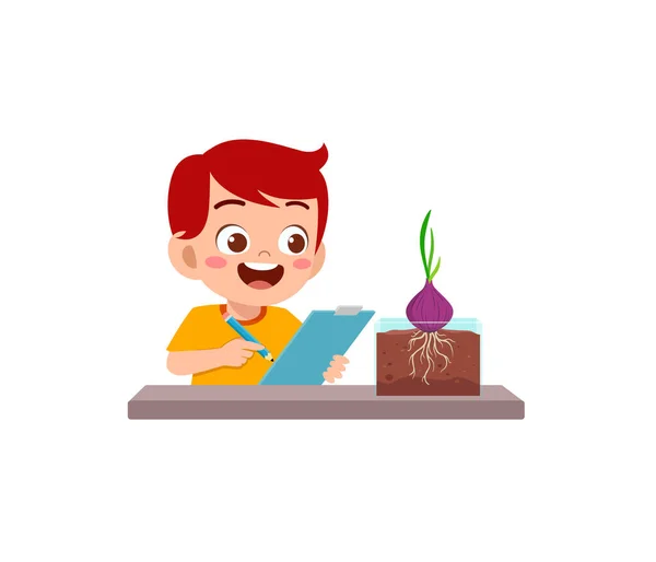 Mały Chłopiec Obserwować Rośliny Rosnące Ogrodzie — Wektor stockowy
