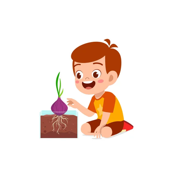 Kleiner Junge Beobachtet Pflanzen Beim Wachsen Garten — Stockvektor