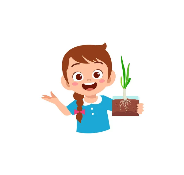 Kleines Mädchen Beobachtet Pflanzen Beim Wachsen Garten — Stockvektor