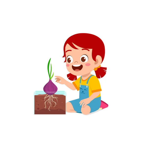 Kleines Mädchen Beobachtet Pflanzen Beim Wachsen Garten — Stockvektor