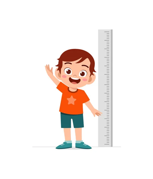 Cute Little Boy Measure Height Grow Progress — Stock Vector