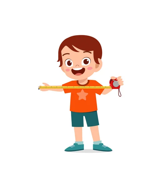 Little Boy Holding Measure Tape Check Length — Stock Vector