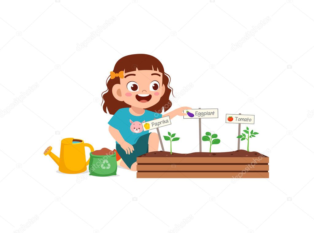 cute little girl take care of vegetable plant