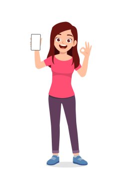 Genç bayan, telefon ekranını iyi bir hareketle göster.