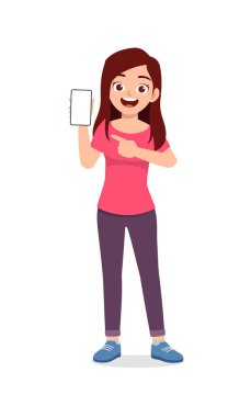 Genç bir kadın telefon ekranını işaret ediyor.