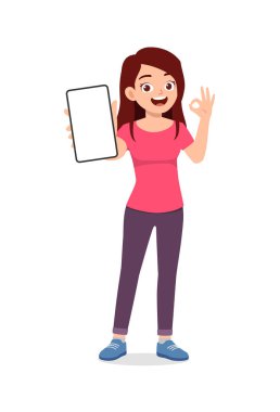 Genç bayan, telefon ekranını iyi bir hareketle göster.