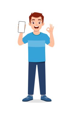 Genç adam telefon ekranını göster ve iyi niyet göster