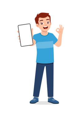 Genç adam telefon ekranını göster ve iyi niyet göster