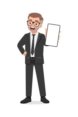 Genç adam kendine güveni olan bir telefon ekranı göster