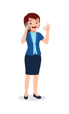 İşçi kadın akıllı telefon kullanarak konuşuyor ve iyi niyet gösterisi yapıyor.