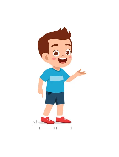 Cute Little Boy Measure Length Using Foot Step — Stock Vector