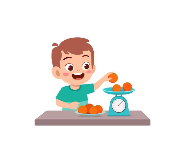 Menino Medir Peso Fruta Usando Balança Pesagem — Vetor de Stock