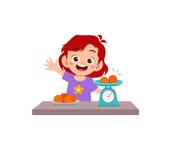 Little Girl Measure Weight Fruit Using Weighing Scale — Stock Vector