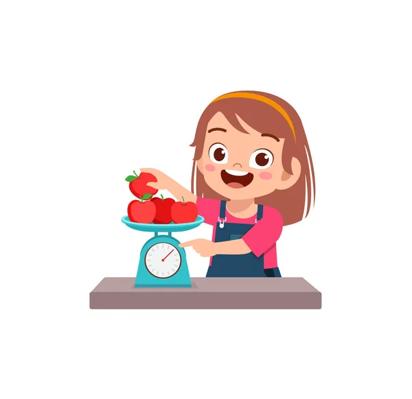 Little Girl Measure Weight Fruit Using Weighing Scale — Stock Vector