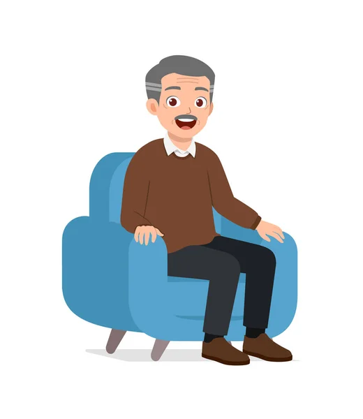 Velho Homem Sentar Sofá Mostrar Cara Feliz —  Vetores de Stock