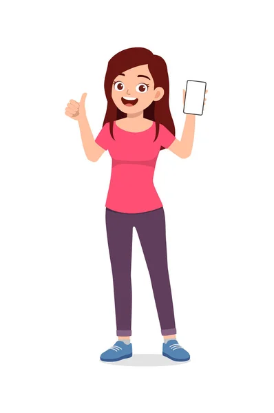 Young Woman Show Phone Screen Thumb Gesture — Stock Vector