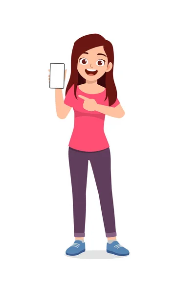 Young Woman Pointing Her Hand Phone Screen — Stock Vector