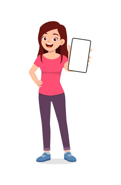 Young Woman Show Phone Screen Confident Gesture — Stock Vector