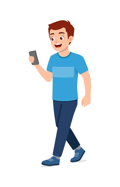 Молодий Хороший Чоловік Ходить Використовує Телефон — стоковий вектор