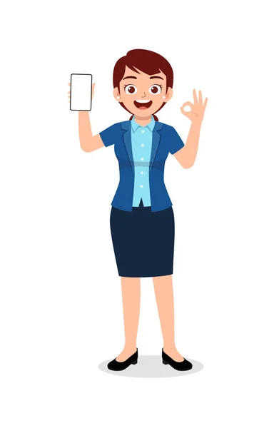 Pracownik Kobieta Pokazać Ekran Telefonu Pokazać Gest — Wektor stockowy