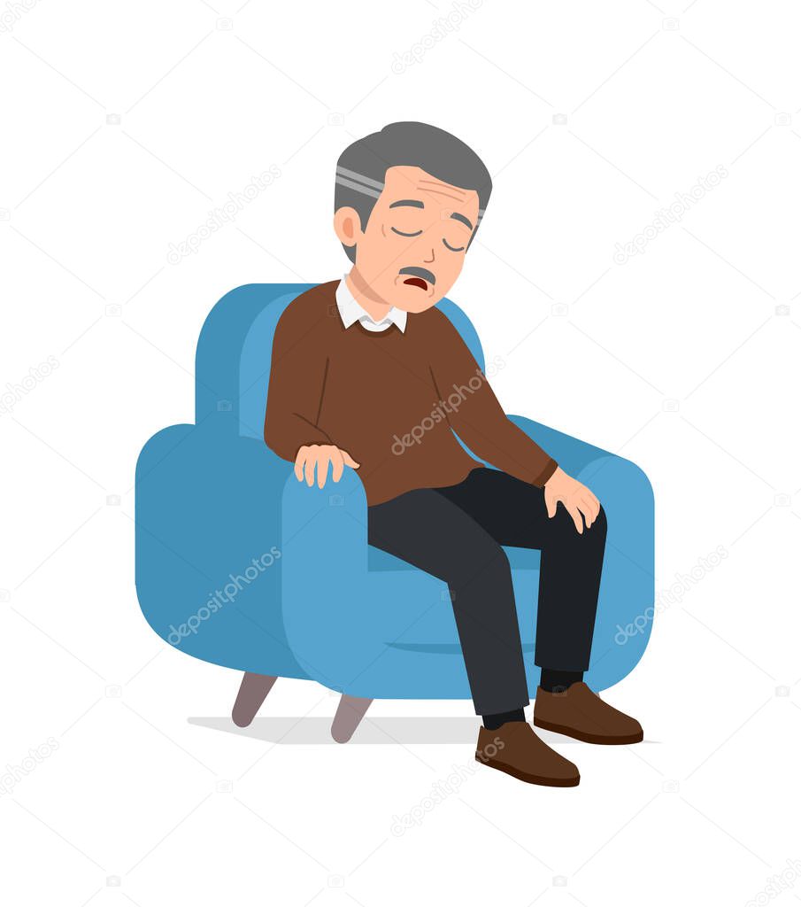 old man sit on sofa and feel sleepy