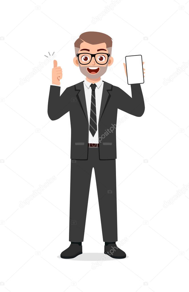 young man show phone screen with thumb up gesture