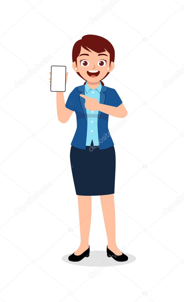 worker woman pointing her hand to phone screen