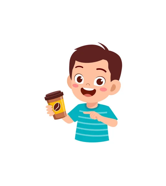 Маленький Мальчик Пить Горячий Кофе Чувствовать Себя Счастливым — стоковый вектор
