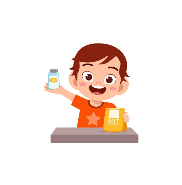 小男孩拿着新鲜的海盐做广告 — 图库矢量图片