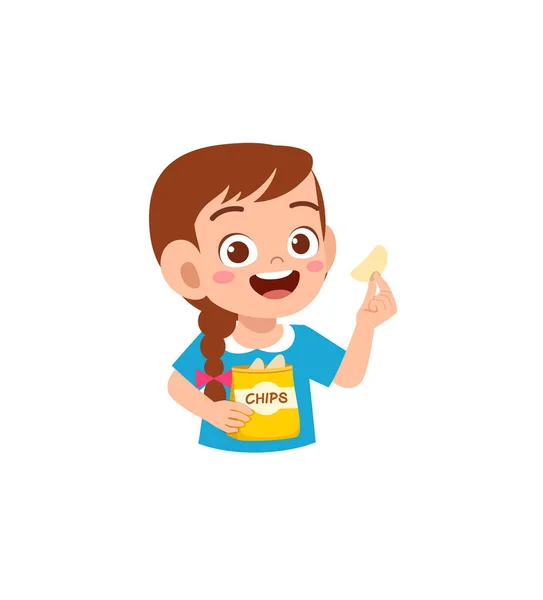 Petite Fille Manger Des Croustilles Sentir Heureux — Image vectorielle