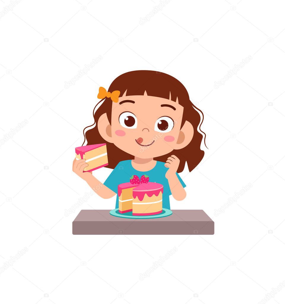 little girl eat sweet cake and feel happy
