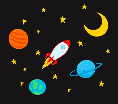 Uzayda roket çizen çocuğun sevimli el çizimi.
