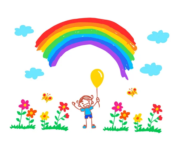可爱的小孩手绘关于公园和彩虹的画 — 图库矢量图片