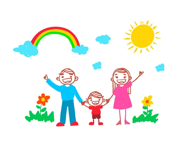 Bonito Mão Desenho Por Criança Sobre Família Feliz —  Vetores de Stock