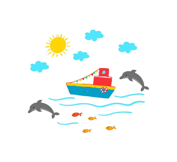 Aranyos Kézzel Rajzol Gyerek Körülbelül Tenger Delfin — Stock Vector