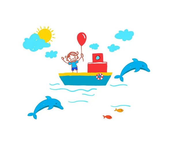 Lindo Dibujo Mano Por Niño Sobre Mar Delfín — Archivo Imágenes Vectoriales