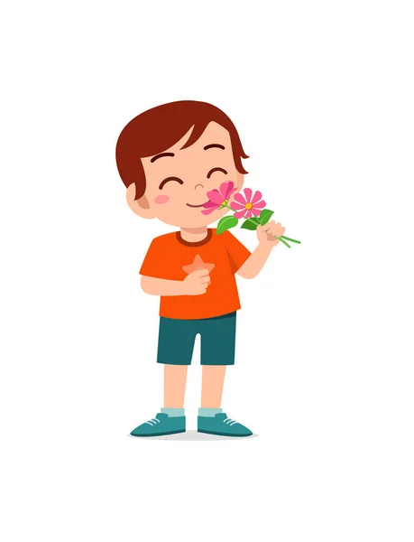 Pequeño Niño Sosteniendo Flor Oler Olor — Vector de stock